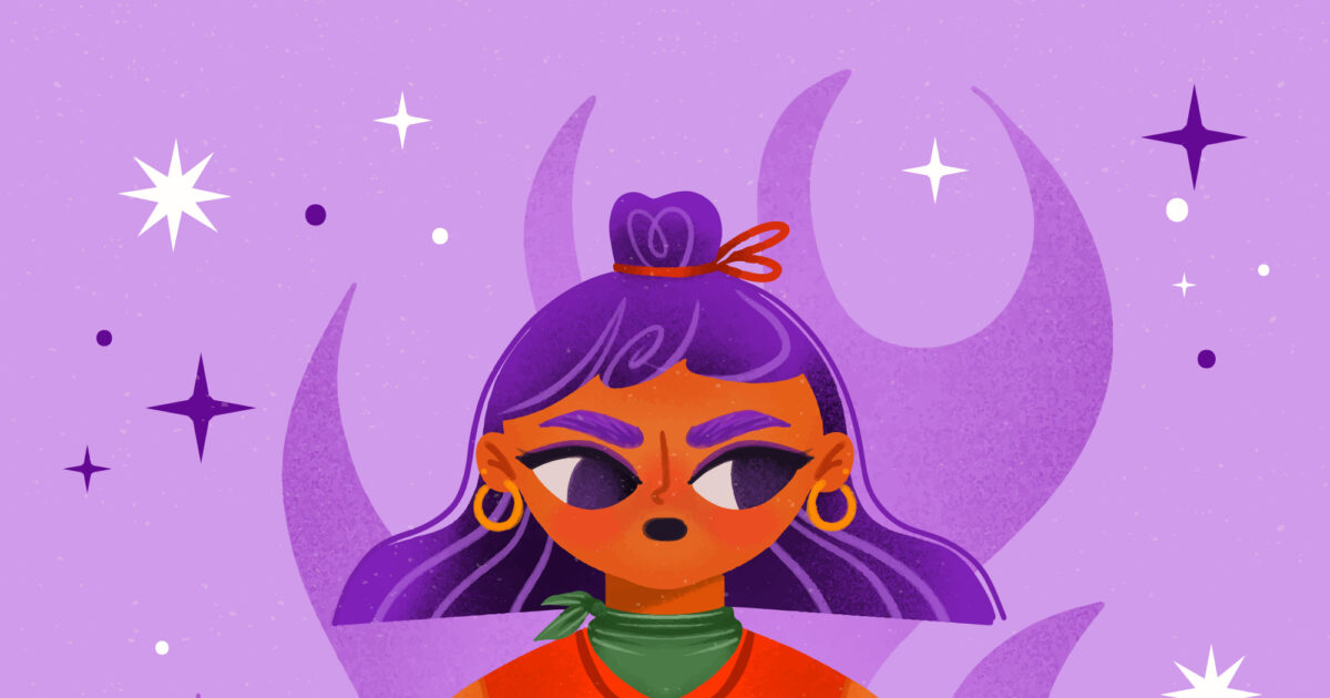 Illustration d'une jeune femme de face les mains sur les hanches, sur un fond violet.