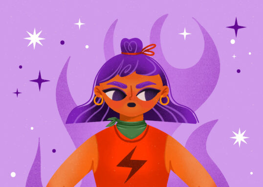 Illustration d'une jeune femme de face les mains sur les hanches, sur un fond violet.