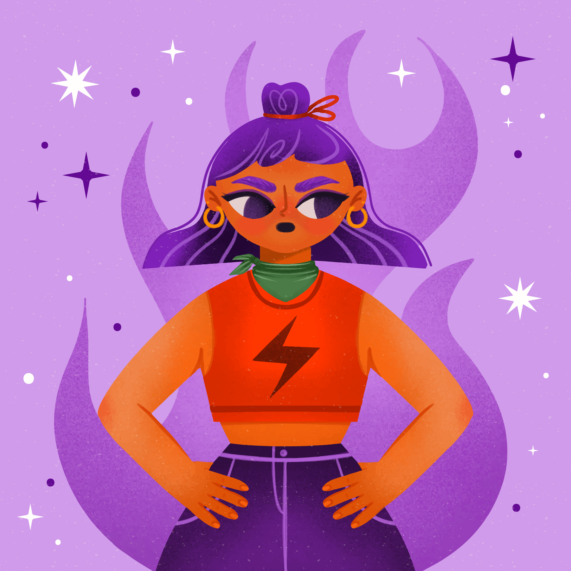 Illustration d'une jeune femme de face les mains sur les hanches, sur un fond violet.