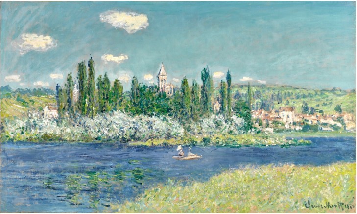 Peinture représentant un village au bord d'une rivière avec une barque. Vert sur fond bleu