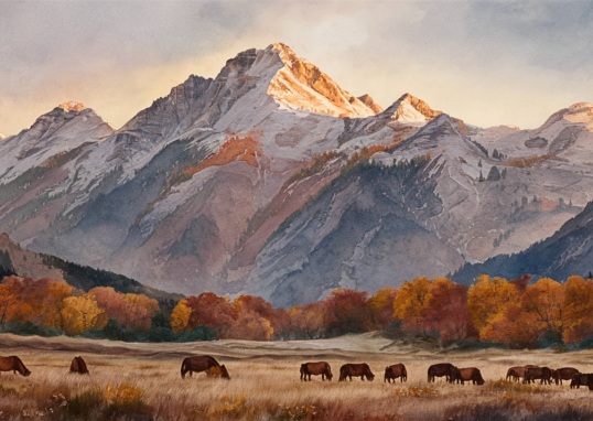 paysage de montages enneigées, arbres en automne, chevaux