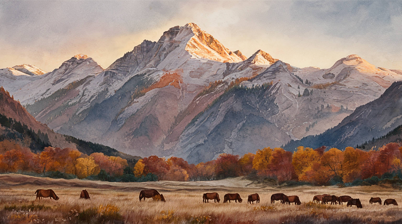 paysage de montages enneigées, arbres en automne, chevaux