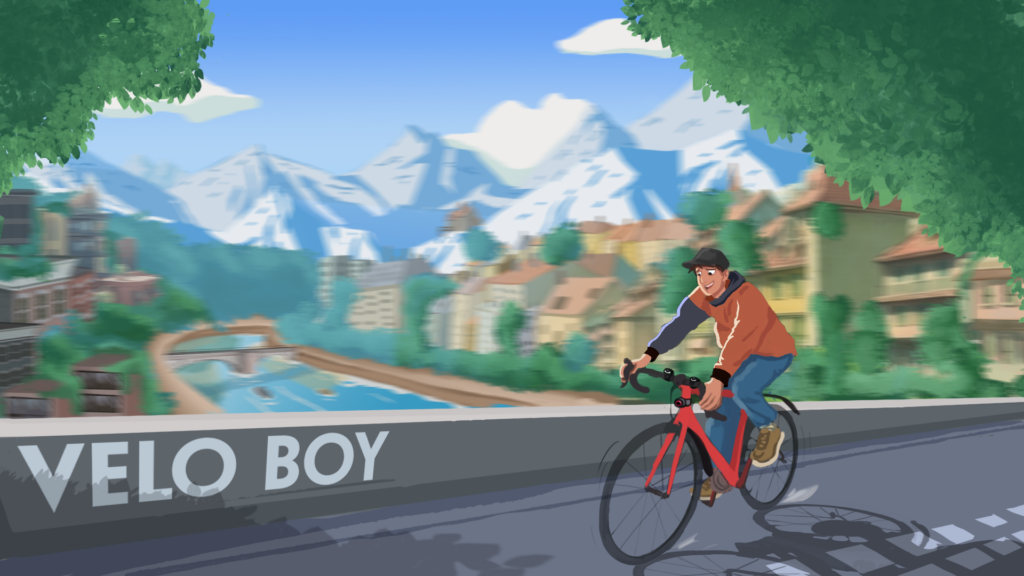 Concept art de la Bande dessinée Vélo Boy. Jeune homme faisant du vélo sur un pont.