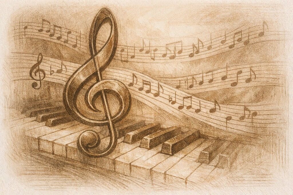 dessin touches de piano et notes de musique
