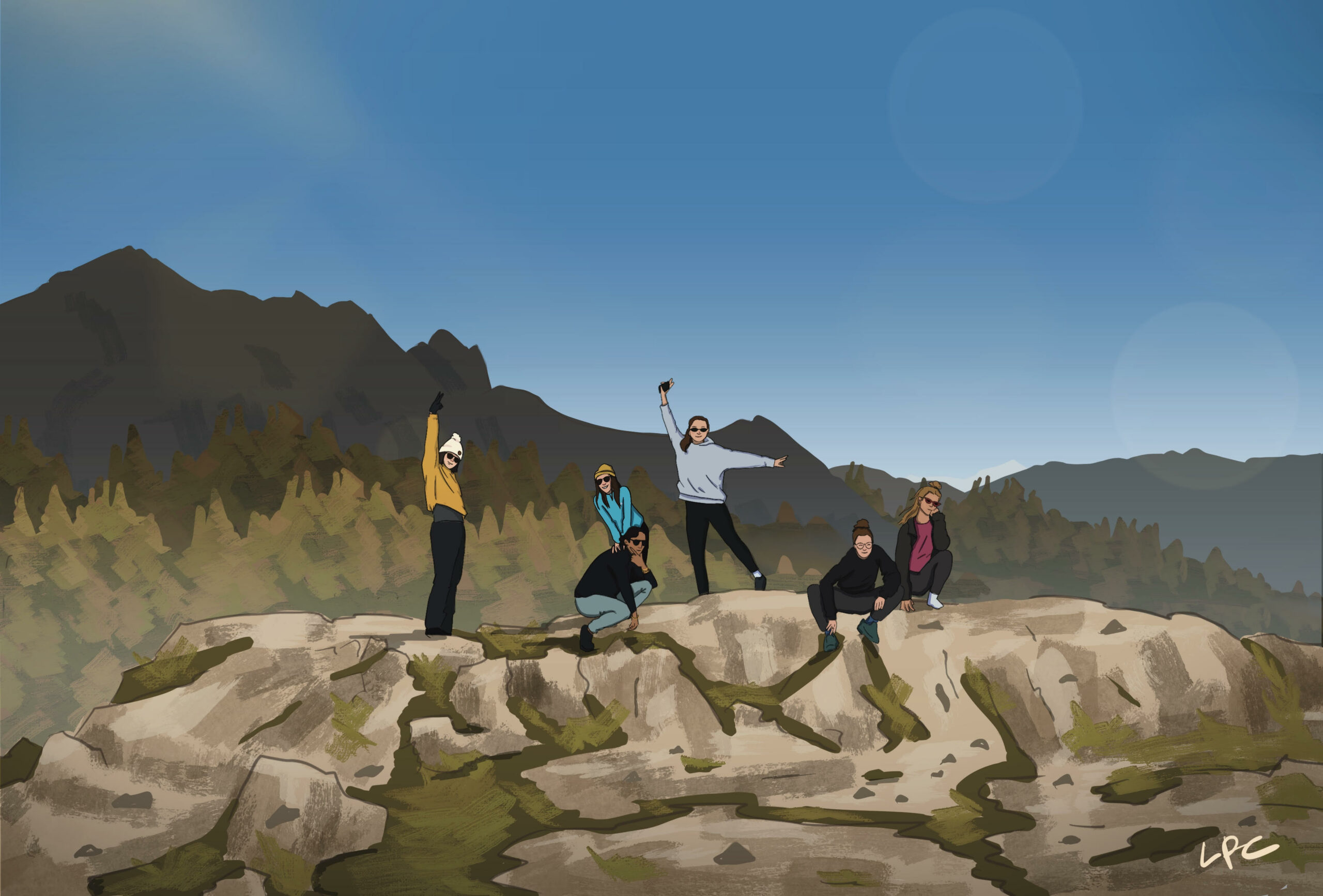 Dessin de 6 femmes en montagne