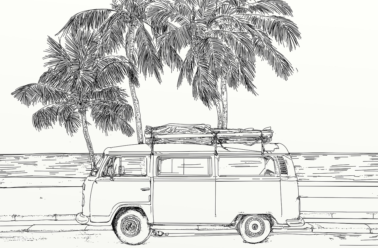 dessin noir et blanc qui représente un camion Wolkswagen type combi essence des années 60 avec sur le toit une planche à voile et en arrière plan la mer et des palmiers.