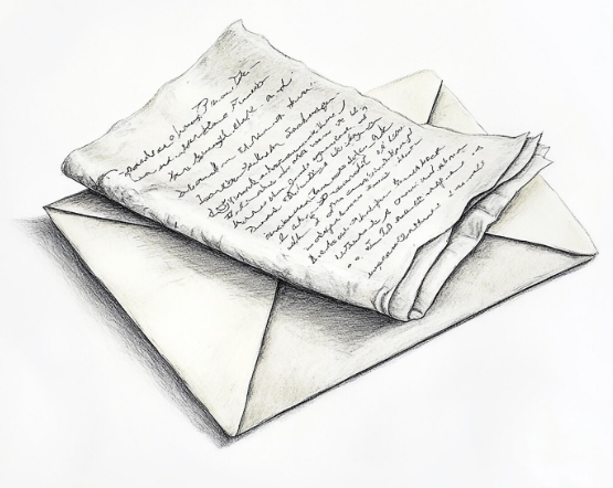 Enveloppe avec une lettre papier manuscrite posée au dessus