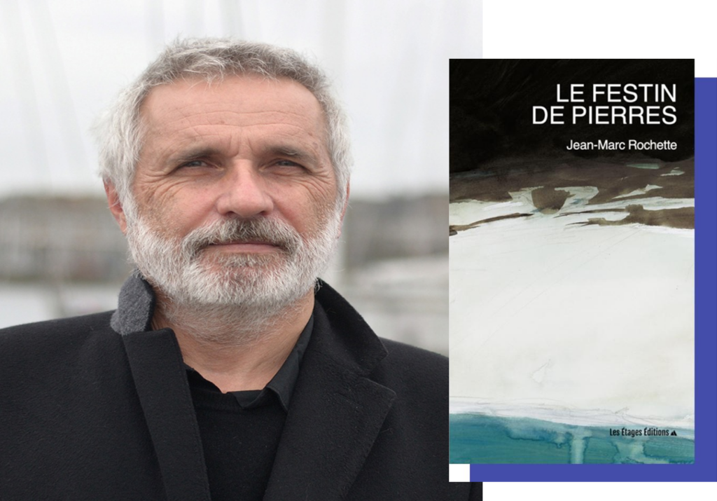 portrait de Jean-Rochette et première de couverture de son roman "Le festin de pierres"