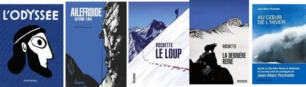 1ères de couverture des BD L'Odyssée, Ailefroide, Le loup, la dernière reine et du roman "Au coeur de l'hiver"