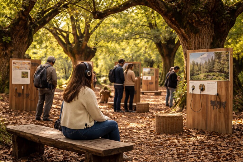 Des personnes assistent à une exposition sonore, casques audio sur les oreilles. Elles sont dans un forêt de châtaigniers.