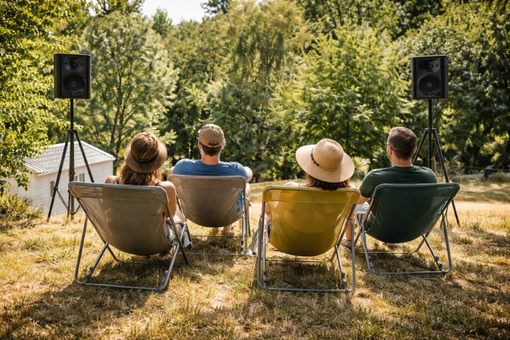 Quatre personnes de dos, assises sur des transats, dans la nature. 2 enceintes sur pied tournées face à elles.
