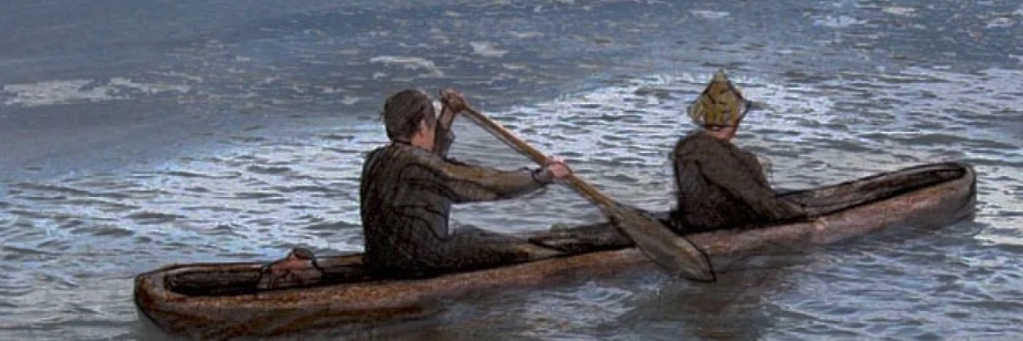 deux hommes du néolithique naviguent sur l'eau à bord d'une pirogue.