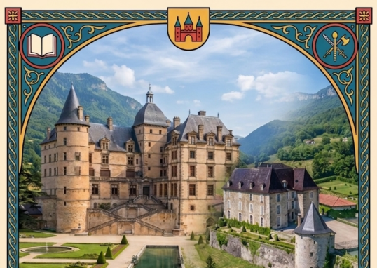 Affiche de communication de la semaine des châteaux en Isère. Deux châteaux en arrière-plan (château de Vizille et château de Virieu) avec toutes les informations importantes pour cette animation. Création IA avec Gemini