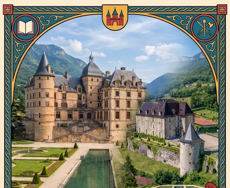 Affiche de communication de la semaine des châteaux en Isère. Deux châteaux en arrière-plan (château de Vizille et château de Virieu) avec toutes les informations importantes pour cette animation. Création IA avec Gemini