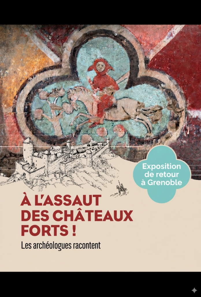 Affiche de l'exposition "À l'assaut des châteaux forts". Création IA. En arrière-plan, en couleur un décor du châtel de Theys, puis en noir et blanc une restitution hypothétique du château de Montbel de Saint-Pierre-
d’Entremont. 