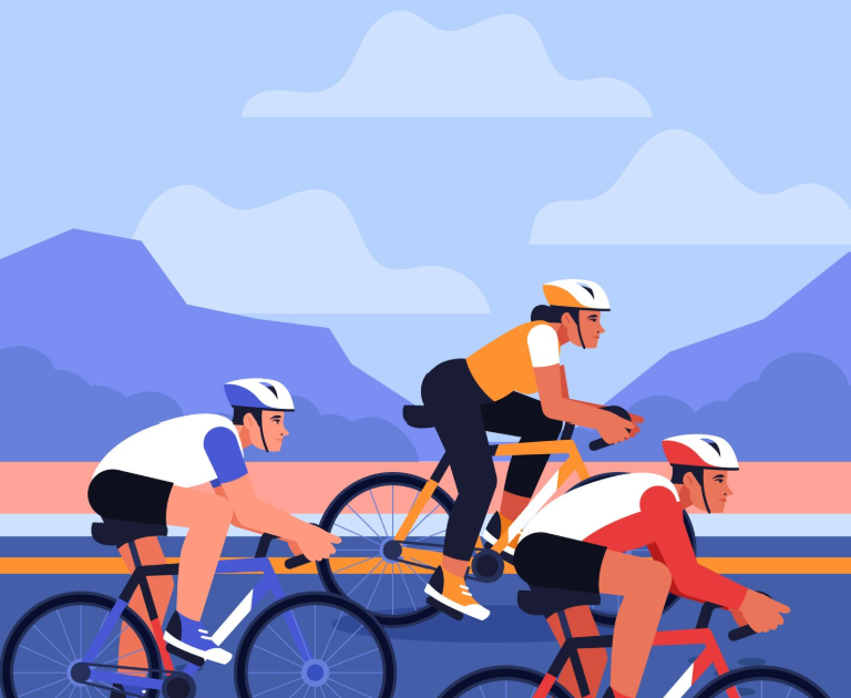 illustration en couleurs représentant trois coureurs cyclistes.