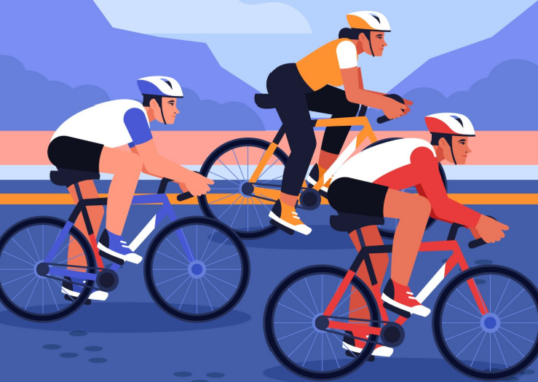 illustration en couleurs représentant trois coureurs cyclistes.