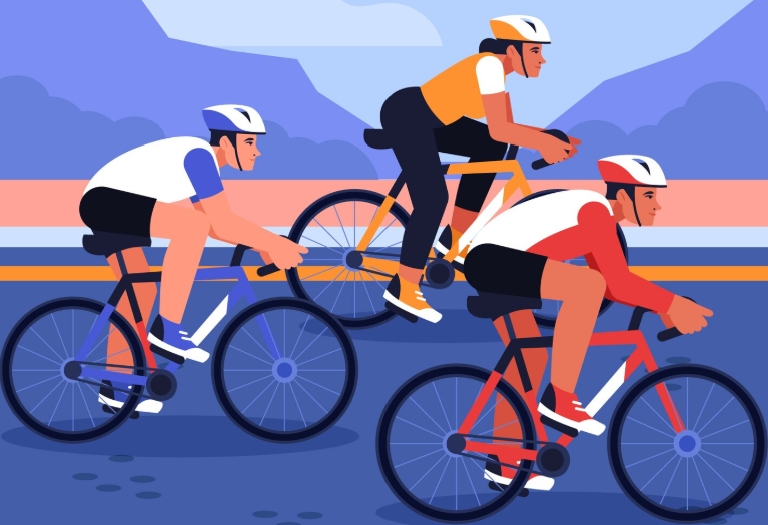 illustration en couleurs représentant trois coureurs cyclistes.