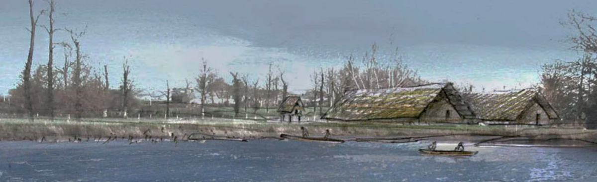 Dessin d'un village du néolithique vu depuis les berges d'un lac.