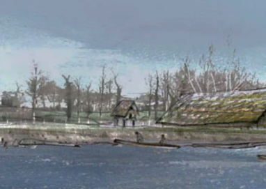 Dessin d'un village du néolithique vu depuis les berges d'un lac.