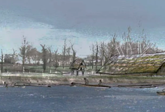 Dessin d'un village du néolithique vu depuis les berges d'un lac.
