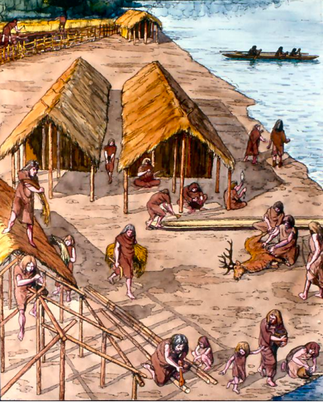 Dessin du village de Charavines sur les berges du lac de Paladru.