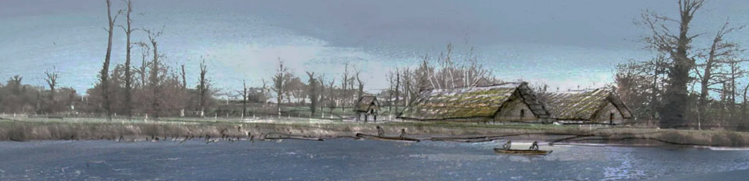 Dessin d'un village du néolithique vu depuis les berges d'un lac.