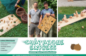 3 photos en couleurs du jeu et des créateurs de châtaignes express .