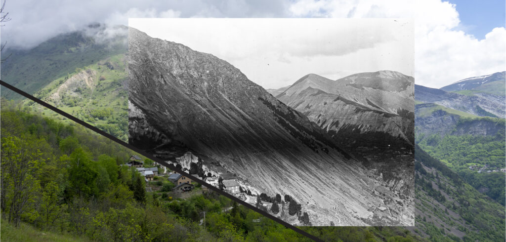 Montage de deux photographies du même versant prises à un siècle d’intervalle : une image ancienne en noir et blanc montrant le paysage à l’époque ; une photographie récente en couleur du même point de vue, mettant en évidence les évolutions du relief, de la végétation et de l’occupation humaine.