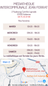 affiche avec les coordonnées et horaires de la médiathèque d'aubenas 