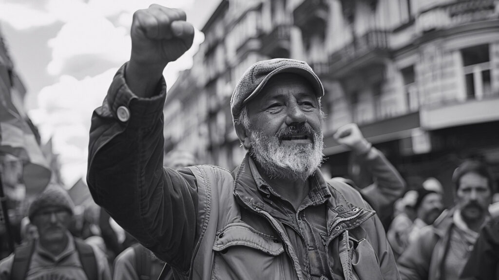 Photo d'un homme dans la rue, le poing levé, dans une foule